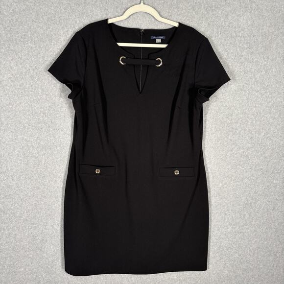 Tommy Hilfiger Dress 18 Black Crepe Gold Grommet Button Career Nautical Minimal - Picture 1 of 10